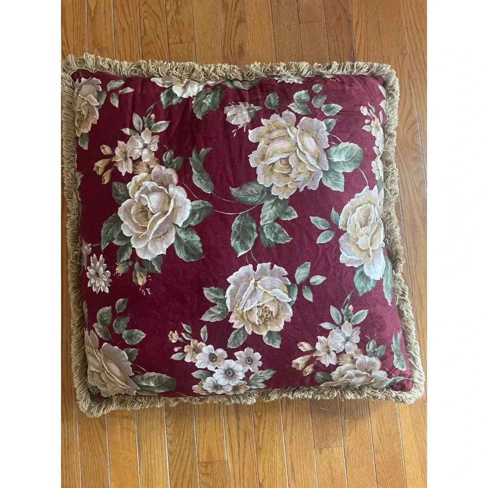 Burgundy Rose‎ Floral Tapestry Throw Pillow with Fringe Trim Victorian Style